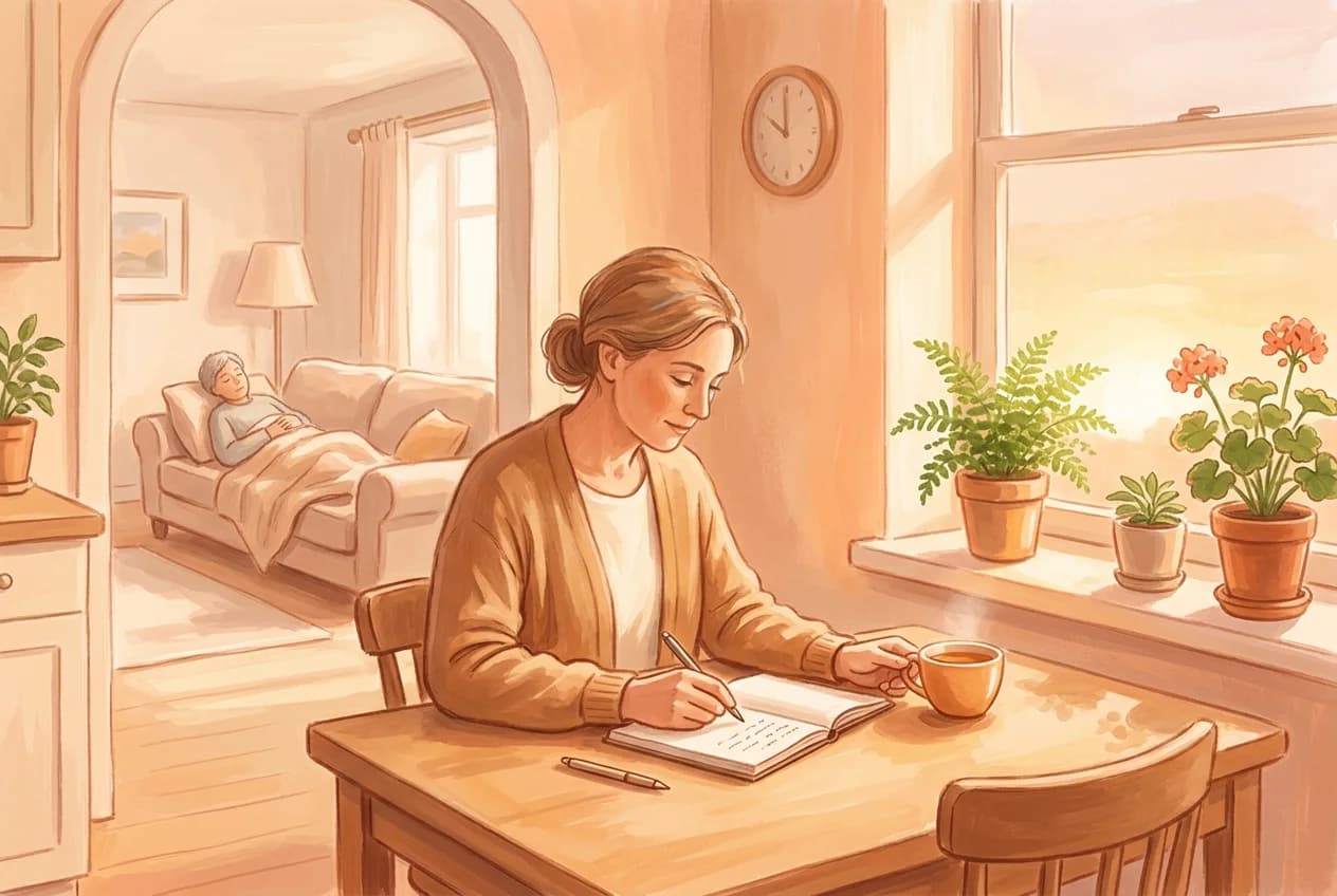 A caregiver writes in a notebook at a kitchen table at dawn while a family member rests nearby
