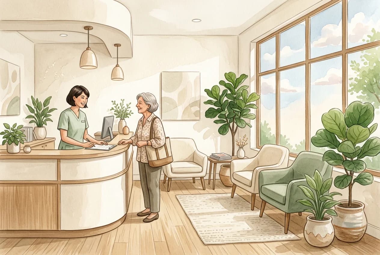 A nurse greets a patient at a bright clinic reception with plants and large windows
