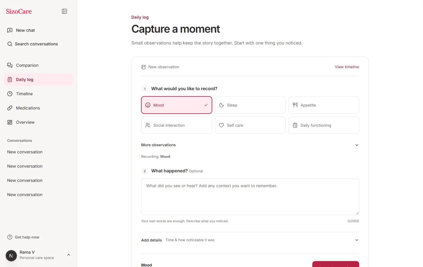 SizoCare daily log: choose a category, then describe what happened