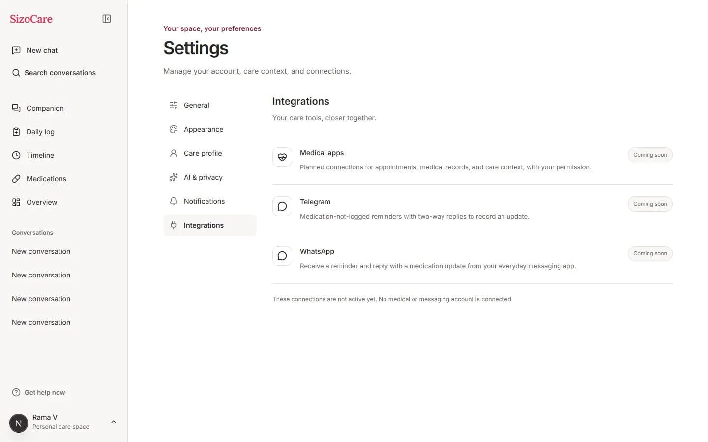 SizoCare settings, Integrations: medical apps, Telegram, and WhatsApp marked Coming soon