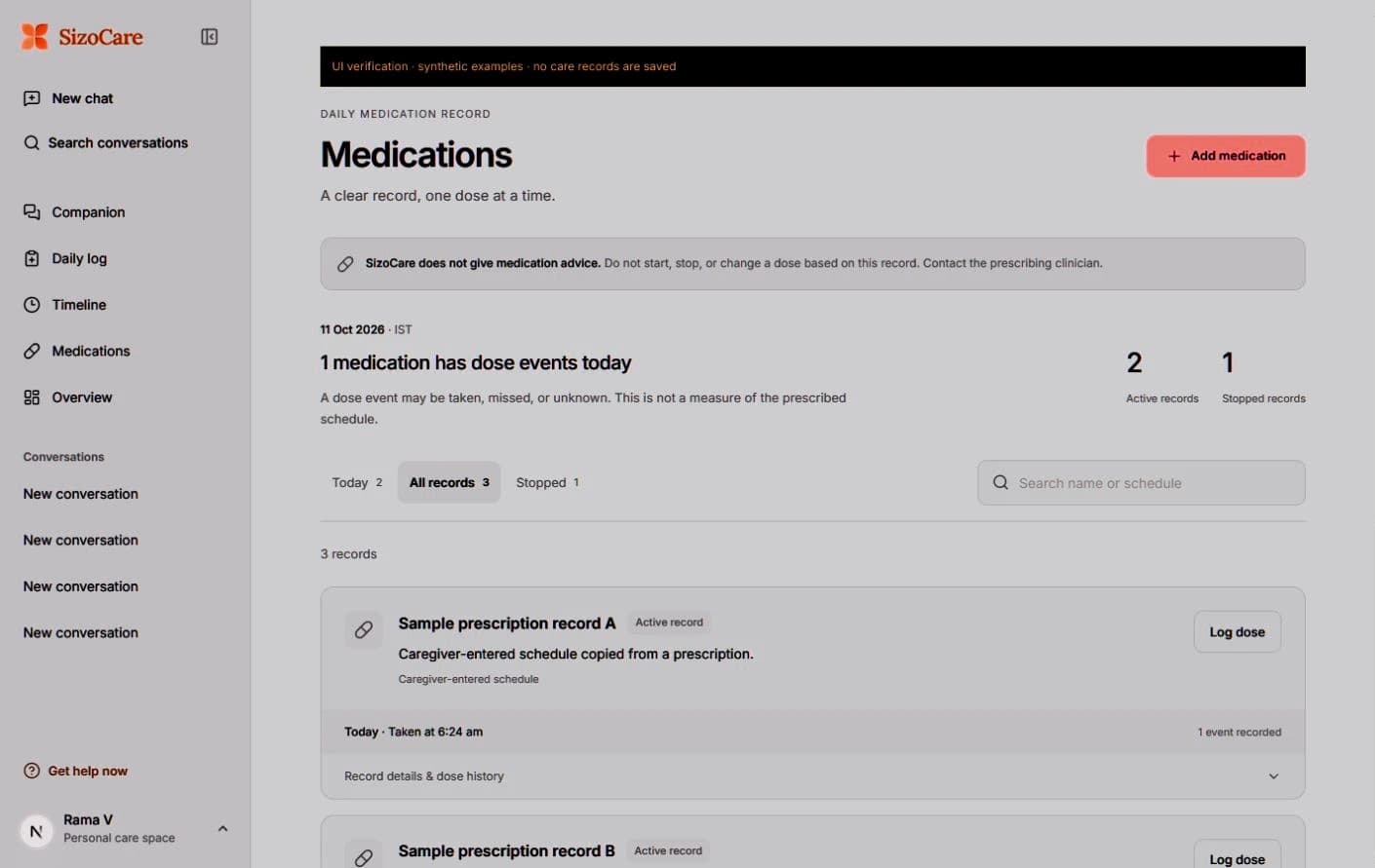 SizoCare medications with dose events and a notice that SizoCare does not give medication advice